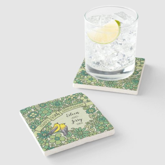 パーソナライズな第55記念日のエメラルドの花の鳥 ストーンコースター (横)