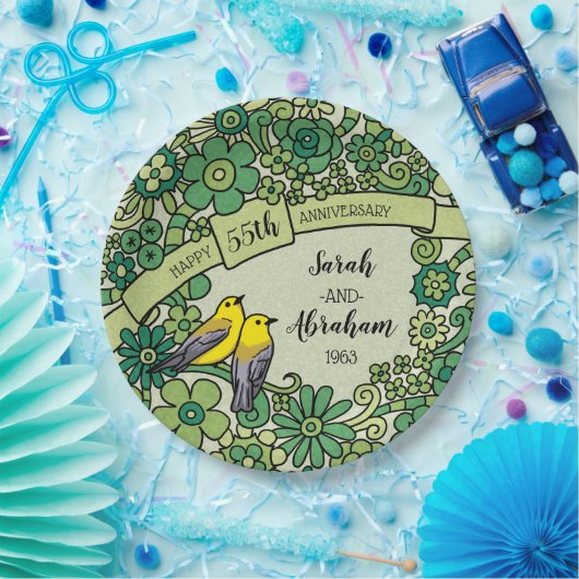 パーソナライズな第55記念日のエメラルドの花の鳥 ペーパープレート (パーティー)