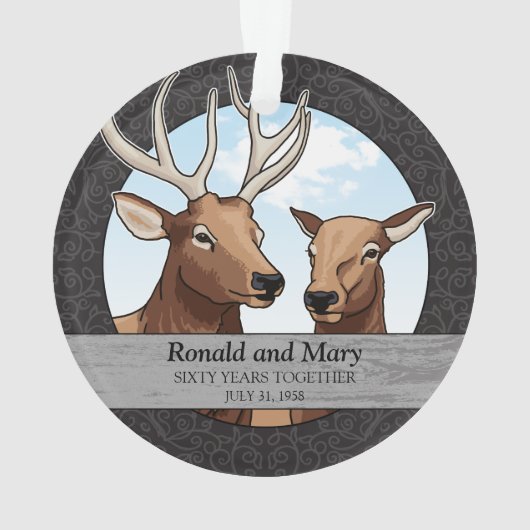 パーソナライズな第60結婚記念日、オオシカ オーナメント (裏面)