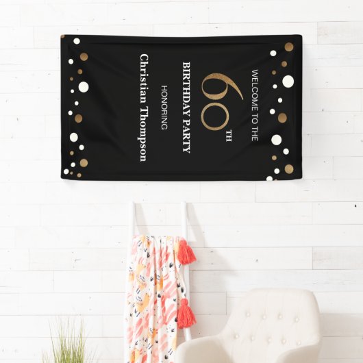 パーソナライズな第60誕生日の金ゴールドおよび黒い点 横断幕 (インサイチュ)