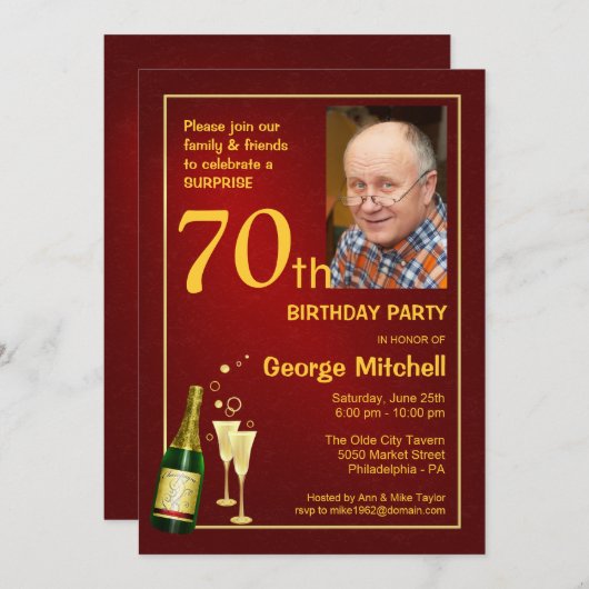 パーソナライズな第70誕生会の写真の招待状 招待状 (正面/裏面)