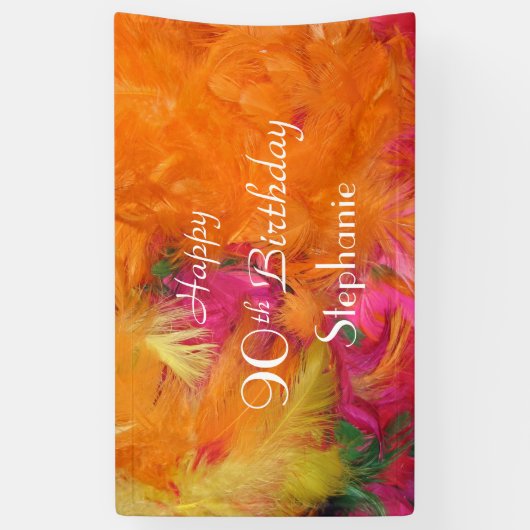 パーソナライズな第90誕生日の印のオレンジの羽 横断幕 (縦)