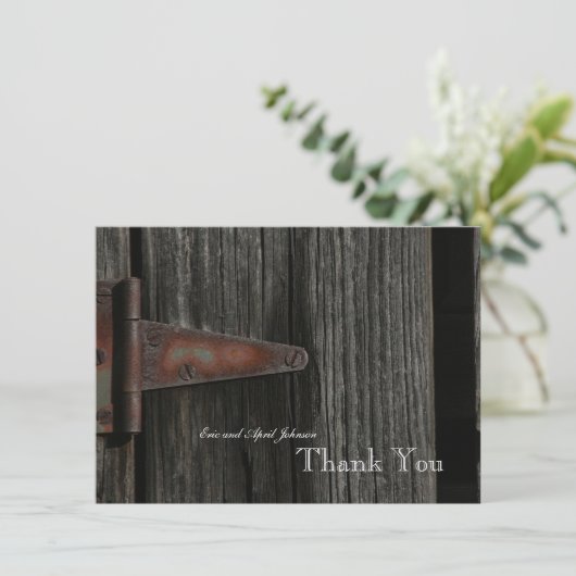 パーソナライズな素朴な国の木製の蝶番は感謝していしています サンキューカード (スタンド正面)