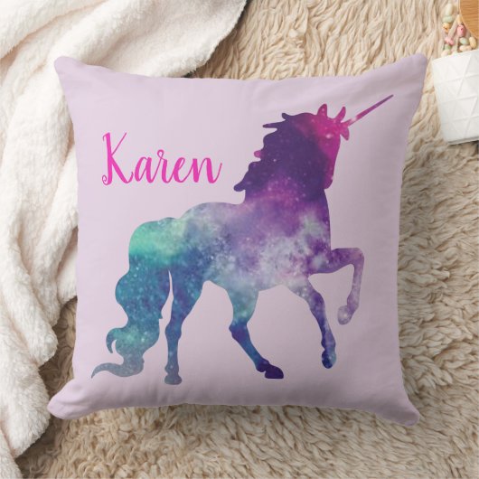 パーソナライズな紫色およびターコイズの魔法のユニコーン クッション (ブランケット)