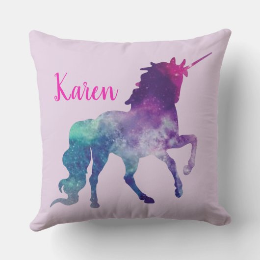 パーソナライズな紫色およびターコイズの魔法のユニコーン クッション (裏面)