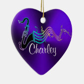 パーソナライズな紫色のサクソフォーン音楽休日のハート セラミックオーナメント (右)