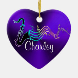 パーソナライズな紫色のサクソフォーン音楽休日のハート セラミックオーナメント