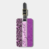 パーソナライズな紫色のヒョウおよびグリッター ラゲッジタグ (正面縦)