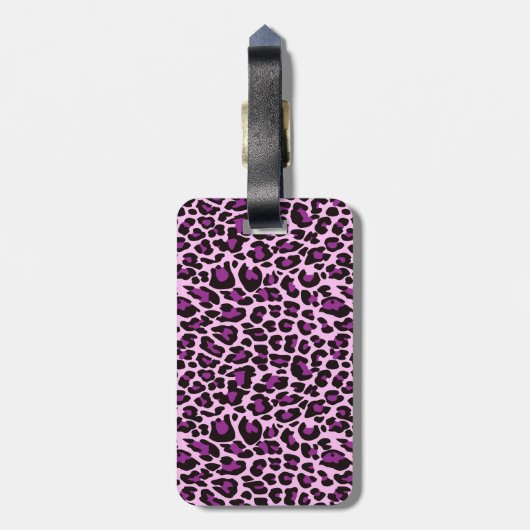 パーソナライズな紫色のヒョウおよびグリッター ラゲッジタグ (裏面縦)