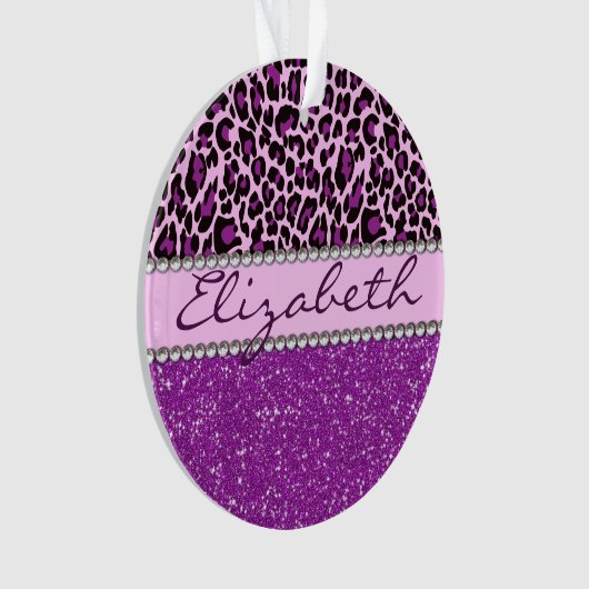 パーソナライズな紫色のヒョウのプリントのグリッター オーナメント (正面)