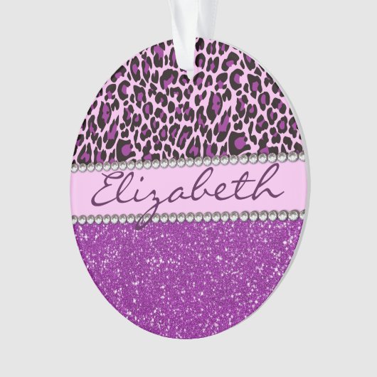 パーソナライズな紫色のヒョウのプリントのグリッター オーナメント (正面)