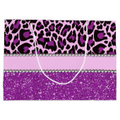 パーソナライズな紫色のヒョウのプリントのグリッター ラージペーパーバッグ (裏面)