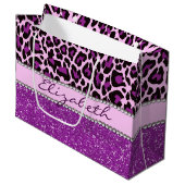 パーソナライズな紫色のヒョウのプリントのグリッター ラージペーパーバッグ (正面アングル)