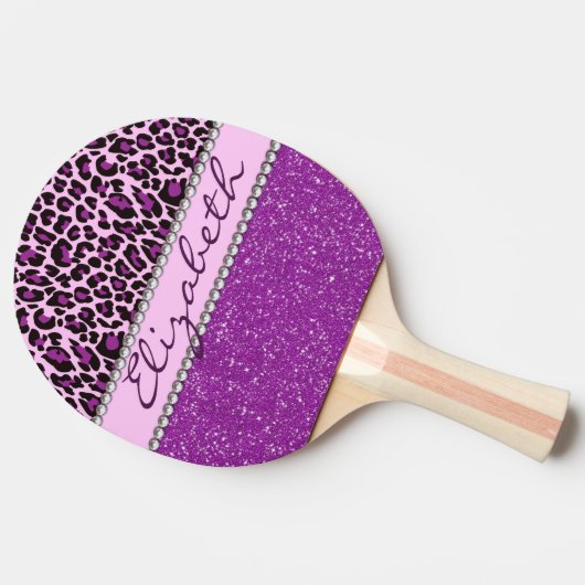 パーソナライズな紫色のヒョウのプリントのグリッター 卓球ラケット (横)