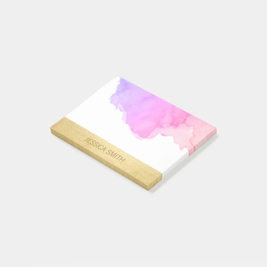 パーソナライズな紫色のピンクの水彩画のフェイクな金ゴールドホイル ポストイット (アングル)