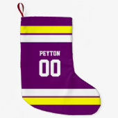 パーソナライズな紫色、金ゴールド及び白いフットボール・チーム スモールクリスマスストッキング (正面)