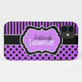 パーソナライズな紫色、黒くストライプのな水玉模様 Case-Mate iPhoneケース (裏面(横))