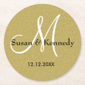 パーソナライズな結婚式のモノグラムの金ゴールドのグリッター ラウンドペーパーコースター (正面)