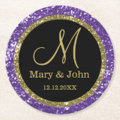 パーソナライズな結婚式のモノグラムの金ゴールドの紫色のグリッター ラウンドペーパーコースター (正面)