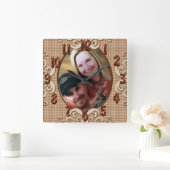 パーソナライズな結婚式の時計の写真、名前、日付 スクエア壁時計 (ホーム)