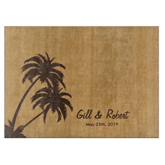 パーソナライズな結婚祝いのヤシの木の島のデザイン カッティングボード (正面)