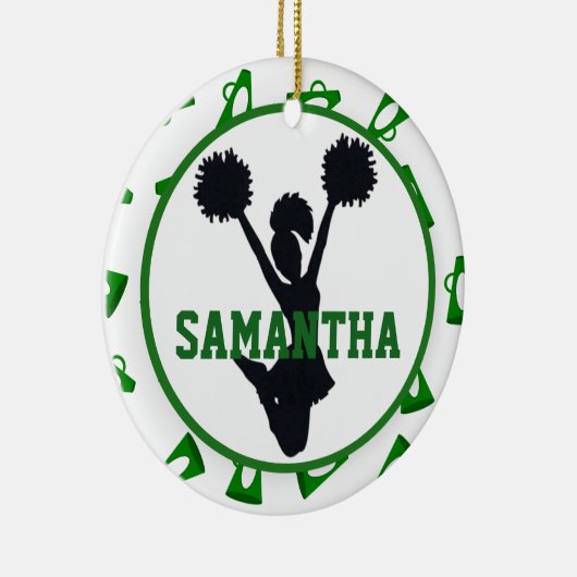 パーソナライズな緑のメガホンおよびチアリーダー セラミックオーナメント (右)