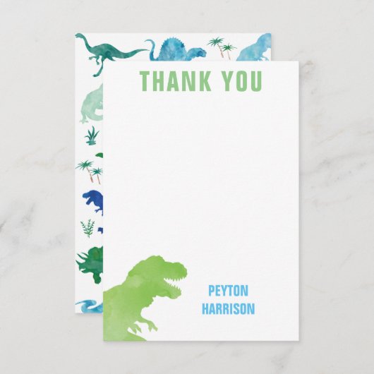 パーソナライズな緑の水彩画の恐竜は感謝していしています サンキューカード (正面/裏面)