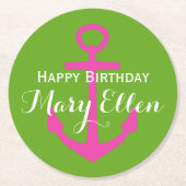 パーソナライズな緑のAppleの花型女性歌手のピンクのいかり ラウンドペーパーコースター (正面)