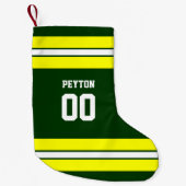パーソナライズな緑及び黄色のフットボール・チーム スモールクリスマスストッキング (正面)