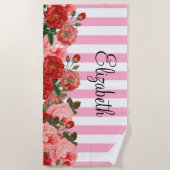パーソナライズな花およびストライプなビーチタオル ビーチタオル (正面)