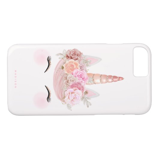 パーソナライズな花のユニコーンの顔のピンクのバラの金ゴールド Case-Mate iPhoneケース (裏面(横))