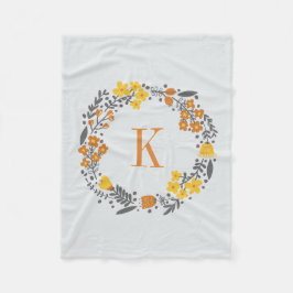 パーソナライズな花のリース及びモノグラムのオレンジ灰色 フリースブランケット