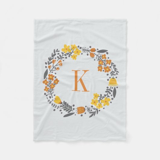 パーソナライズな花のリース及びモノグラムのオレンジ灰色 フリースブランケット (正面)