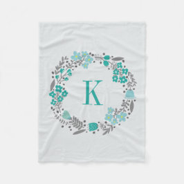 パーソナライズな花のリース及びモノグラムのティール（緑がかった色）の灰色 フリースブランケット
