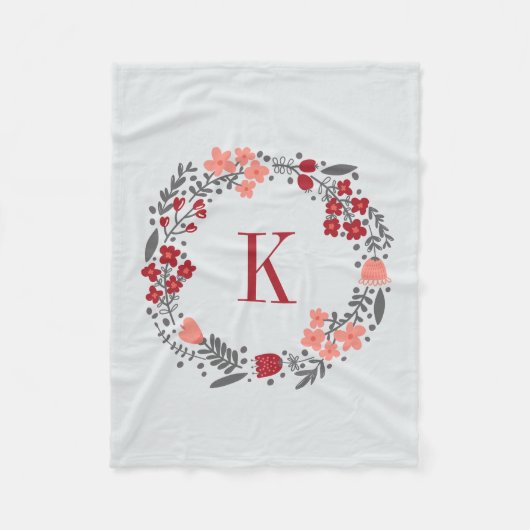 パーソナライズな花のリース及びモノグラムの珊瑚の灰色 フリースブランケット (正面)
