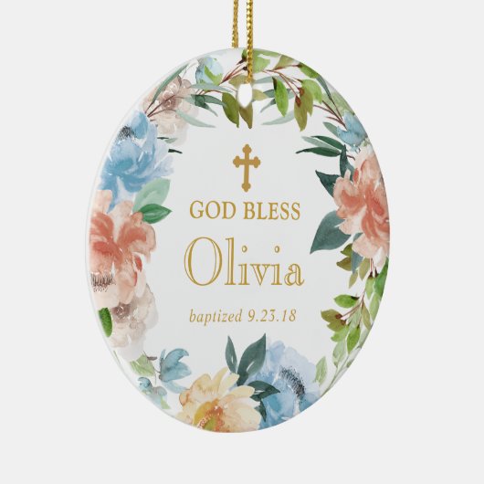 パーソナライズな花の洗礼のリースの神は賛美します セラミックオーナメント (右)