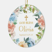 パーソナライズな花の洗礼のリースの神は賛美します セラミックオーナメント (左)