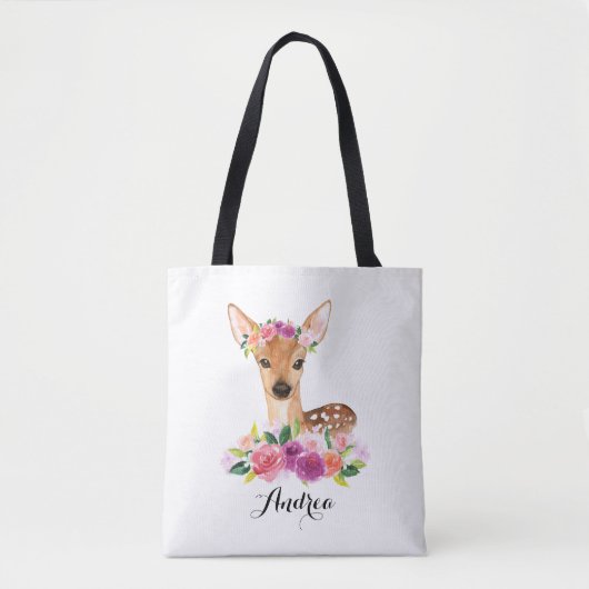 パーソナライズな花の王冠を持つ水彩画の子鹿 トートバッグ (正面)