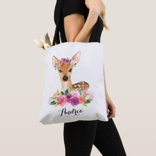 パーソナライズな花の王冠を持つ水彩画の子鹿 トートバッグ