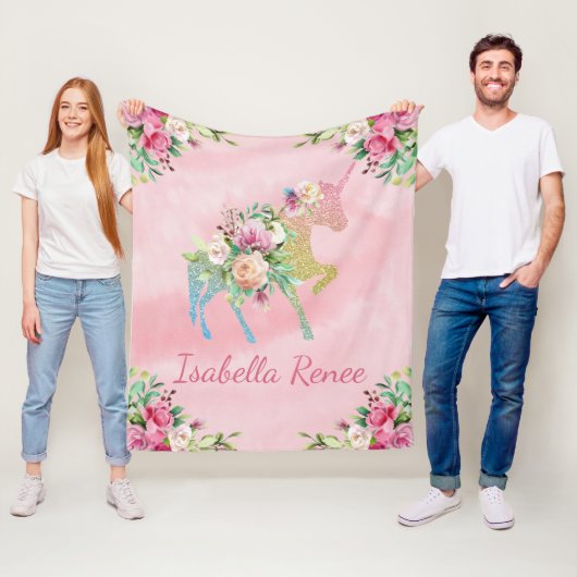 パーソナライズな花の虹のグリッターのユニコーン フリースブランケット (インサイチュ)
