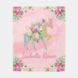 パーソナライズな花の虹のグリッターのユニコーン フリースブランケット