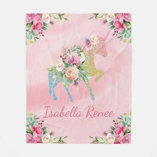 パーソナライズな花の虹のグリッターのユニコーン フリースブランケット (正面)