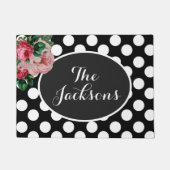 パーソナライズな花柄および黒い水玉模様の玄関マット ドアマット (正面)