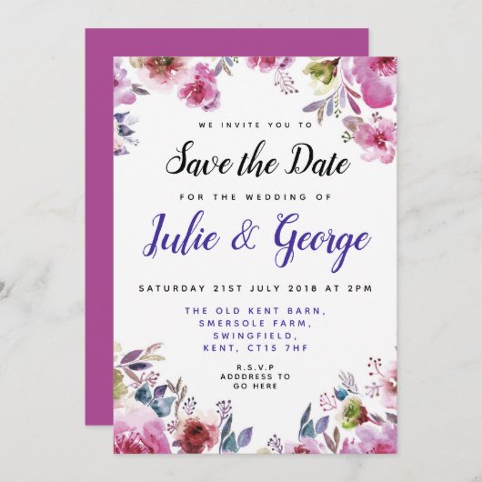 パーソナライズな花柄の保存日付の招待状 セーブザデート (正面/裏面)