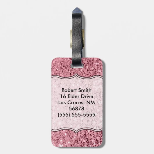 パーソナライズな荷物のラベルのばら色の金ゴールドのグリッター ラゲッジタグ (裏面縦)