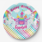 パーソナライズな虹のユニコーンのハッピーバースデー ペーパープレート (正面)