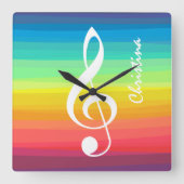 パーソナライズな虹の水彩画のト音記号 スクエア壁時計 (正面)