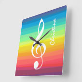 パーソナライズな虹の水彩画のト音記号 スクエア壁時計 (傾斜)