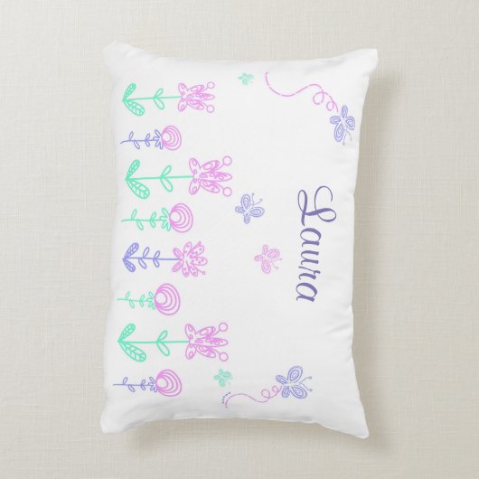 パーソナライズな蝶および花のピンク及び紫色 アクセントクッション (裏面(縦))