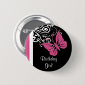 パーソナライズな蝶はピンククランベリーの渦巻きます 缶バッジ (正面&裏面)